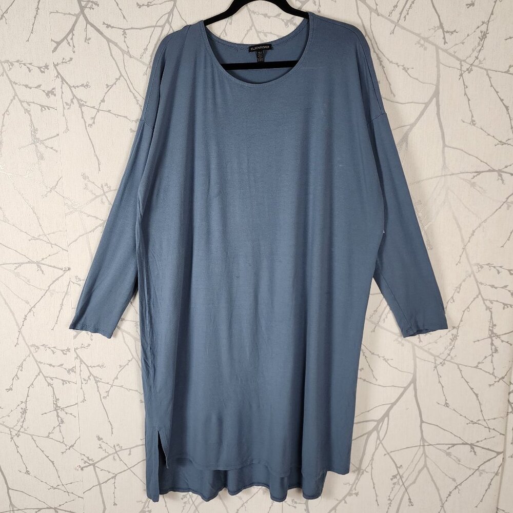 Eileen Fisher Blue Stretch Jersey Round Neck Long Sleeve Shift Dress